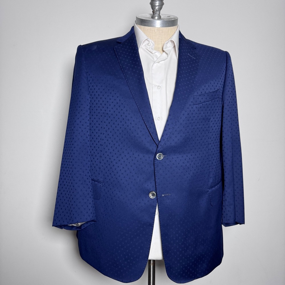 Custom Tailored Blazer Mens Blue Geometric Pattern Custom Two Button Notch Lapel